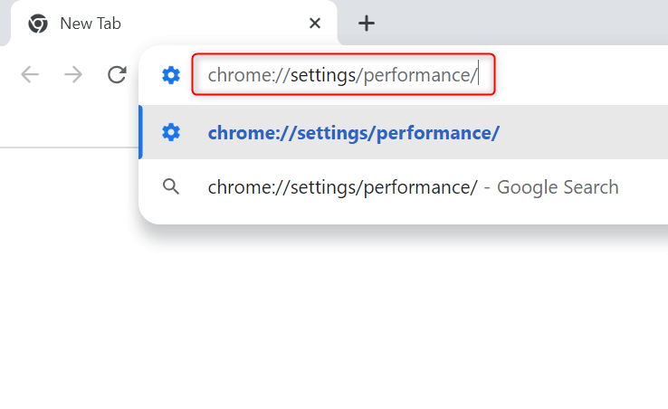 "chrome://settings/performance/" typed in Google Chrome's address bar.