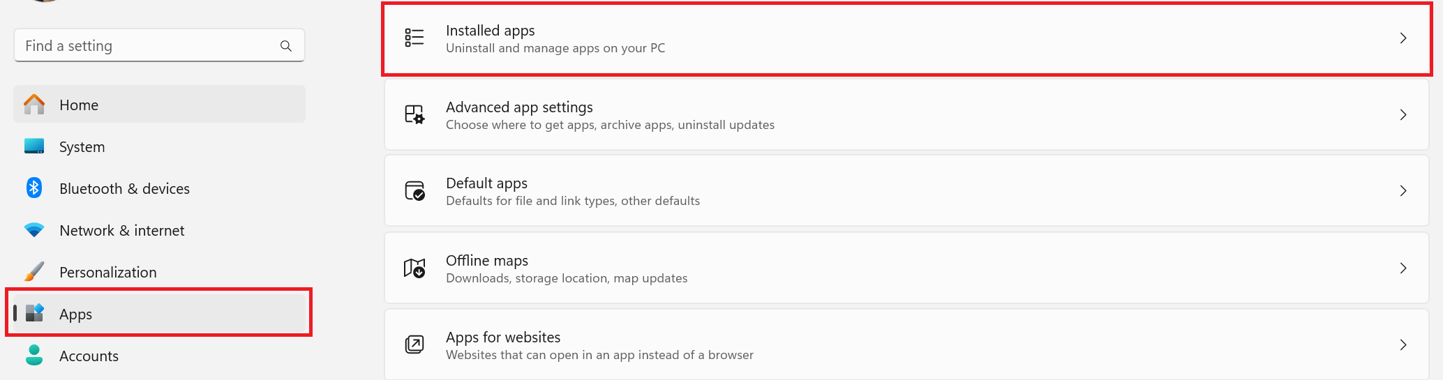 Apps > Installed apps highlighted in Windows 11 Settings.