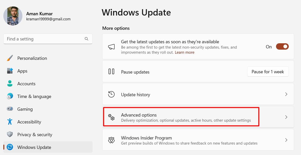 "Advanced options" highlighted in Windows Update settings.