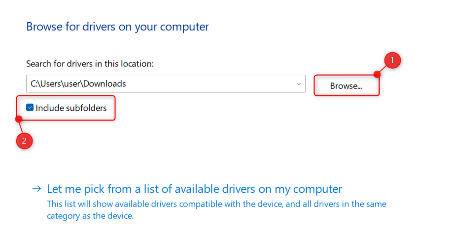 "Browse" and "Include subfolders" highlighted in Device Manager.