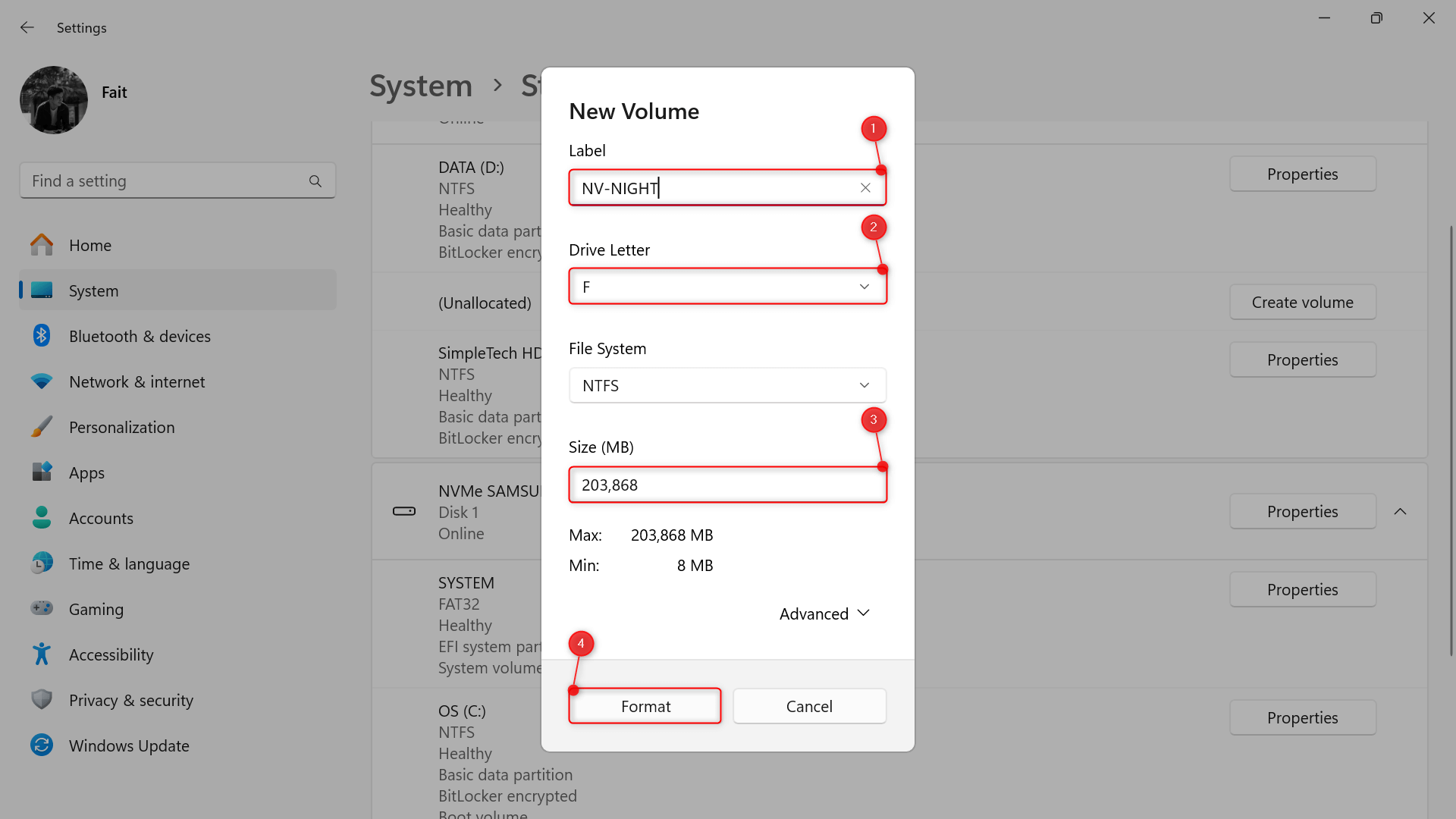 Various options highlighted on the "New Volume" window.