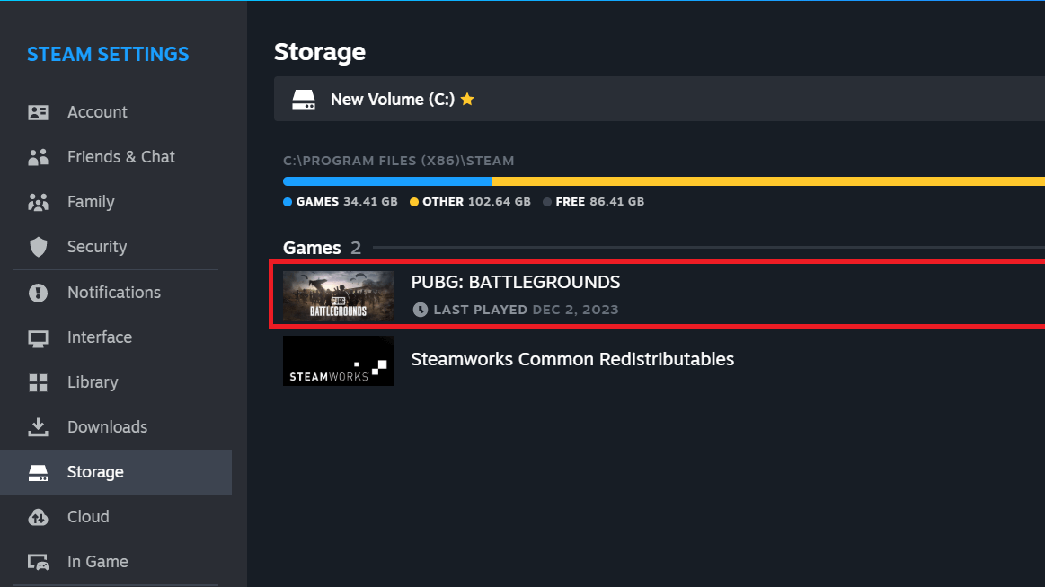 Game size in Steam Settings.