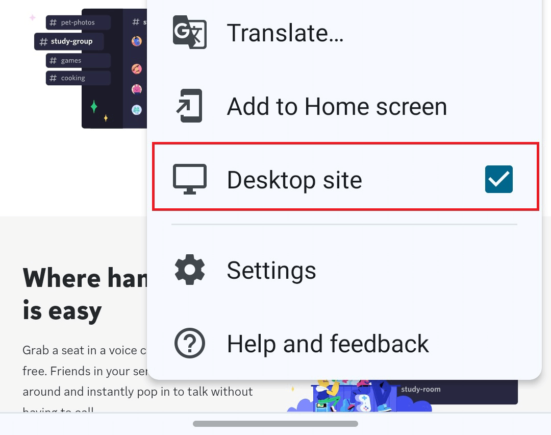 "Desktop site" highlighted in Chrome's menu on Android.