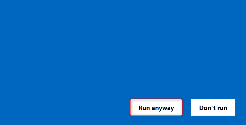 "Run anyway" highlighted on the Microsoft Defender SmartScreen window.