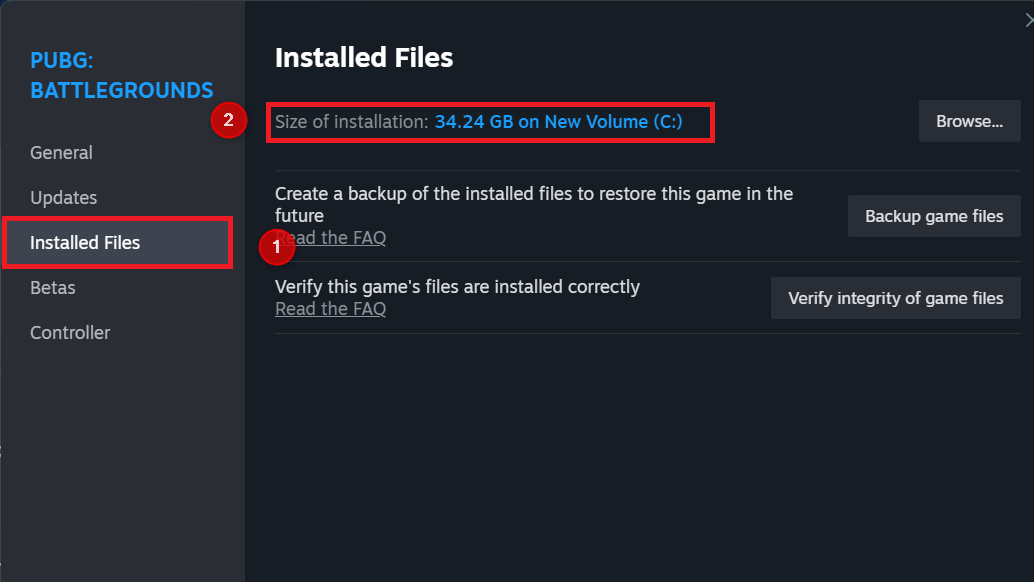 "Installed Files" and game size highlighted in Steam.
