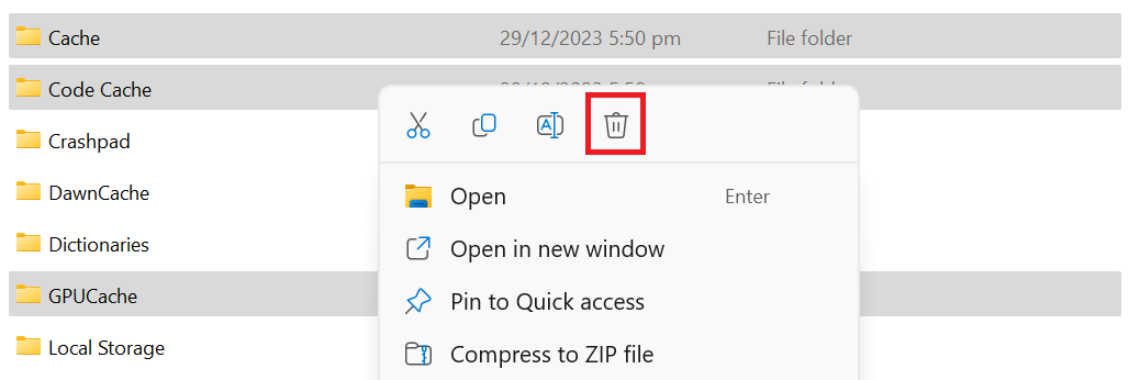 "Delete" highlighted for Discord's cache files in File Explorer.