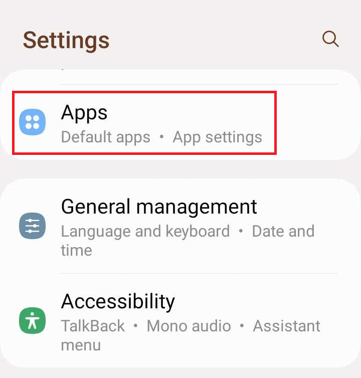 "Apps" highlighted in Android Settings.