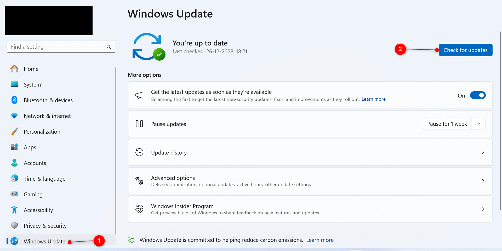"Windows Update" and "Check for updates" highlighted in Windows 11 Settings.