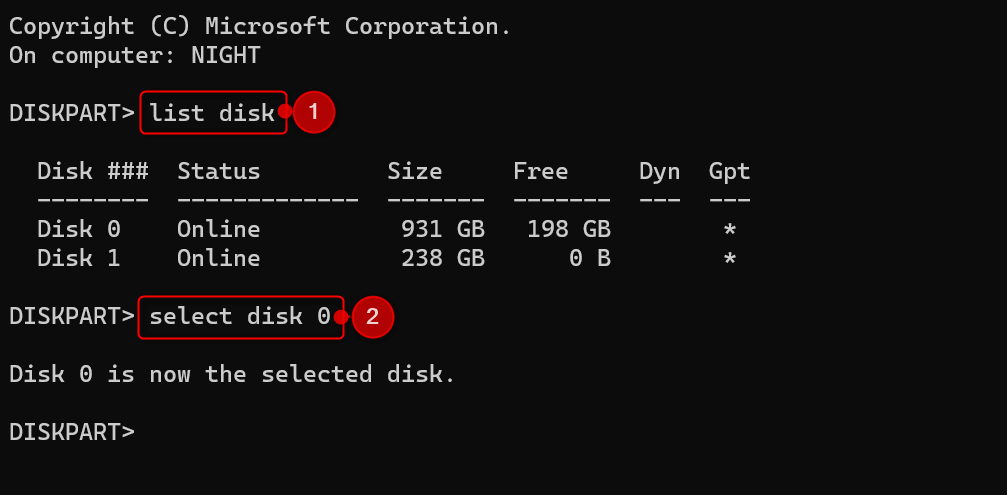 "list disk" and "select disk 0" typed in Command Prompt.