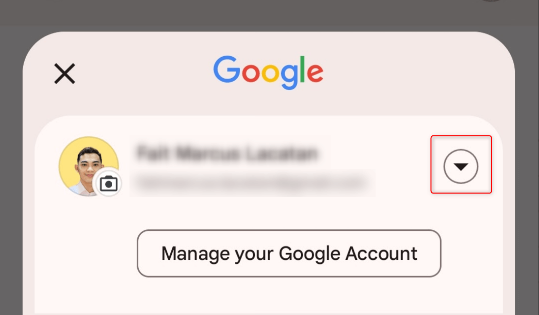 Account drop-down menu highlighted in Google Messages.