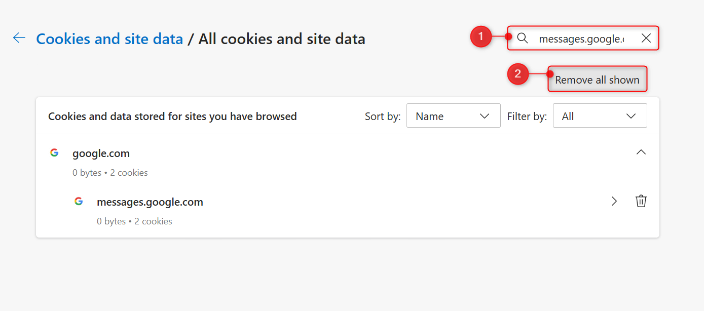 Delete messages.google.com's site data in Edge.