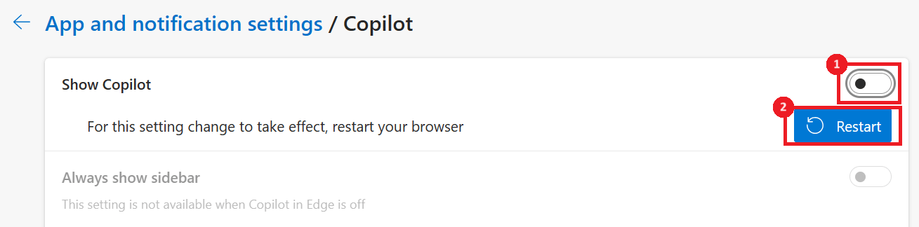 "Show Copilot" toggle and "Restart" highlighted in Edge Settings.