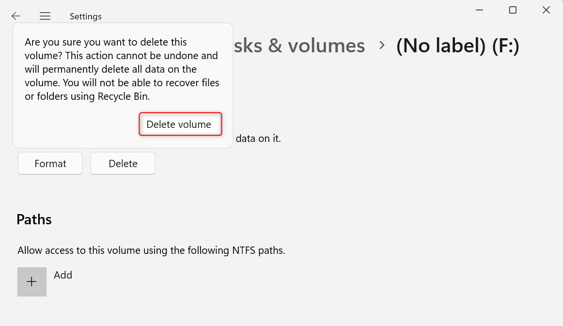 "Delete volume" highlighted in the prompt.