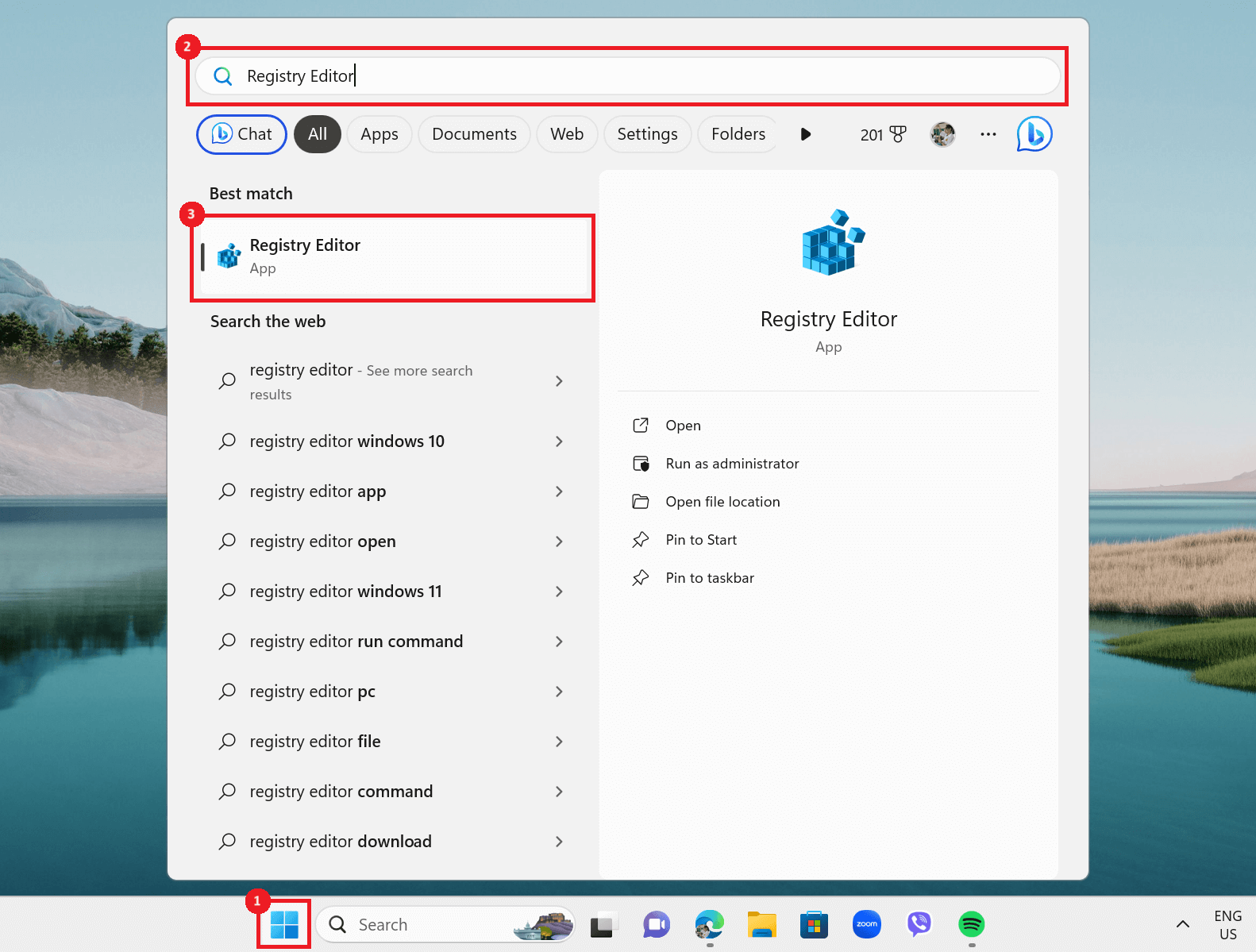 "Registry Editor" typed in Start menu search.