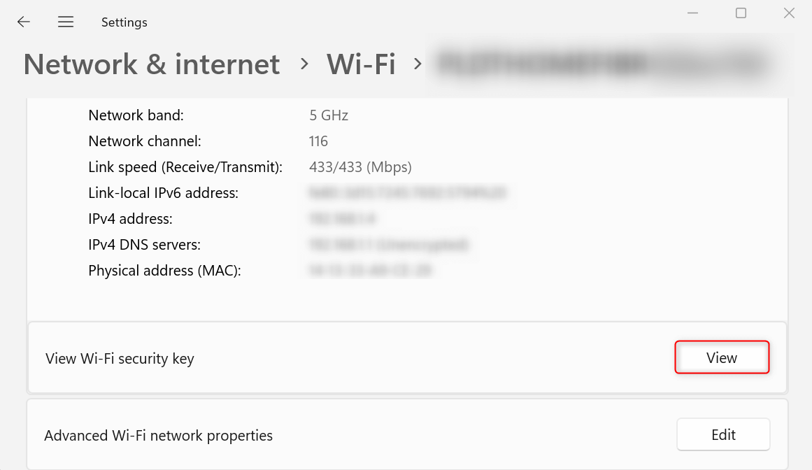 "View" button for "View Wi-Fi security key" option in Windows 11 settings.
