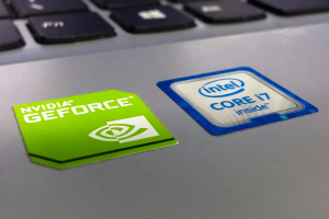 Nvidia and Intel logo on a laptop.