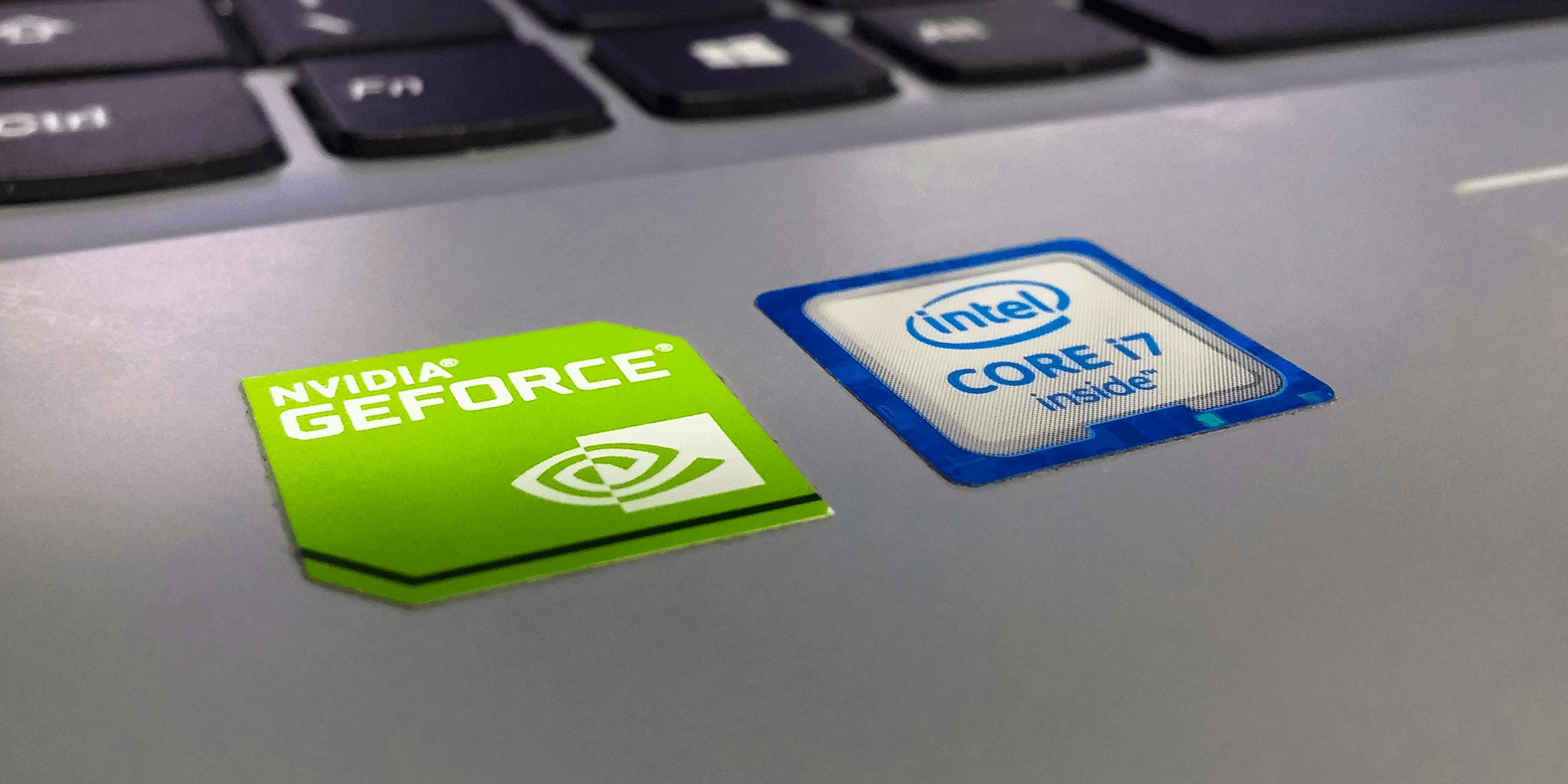 Nvidia and Intel logo on a laptop.