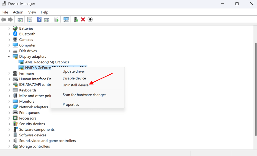 "Uninstall device" option in Device Manager.