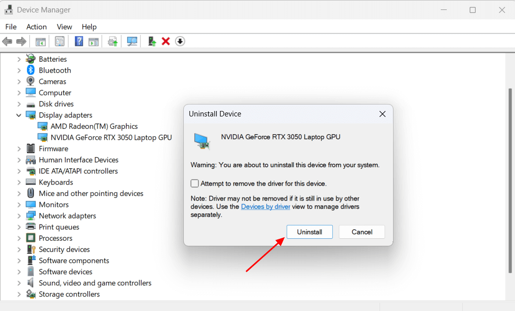 "Uninstall" button in Device Manager confirmation dialog.