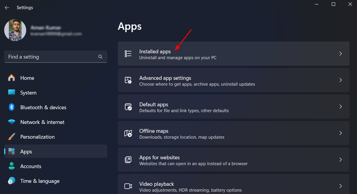 "Installed apps" subsection in Windows Settings.