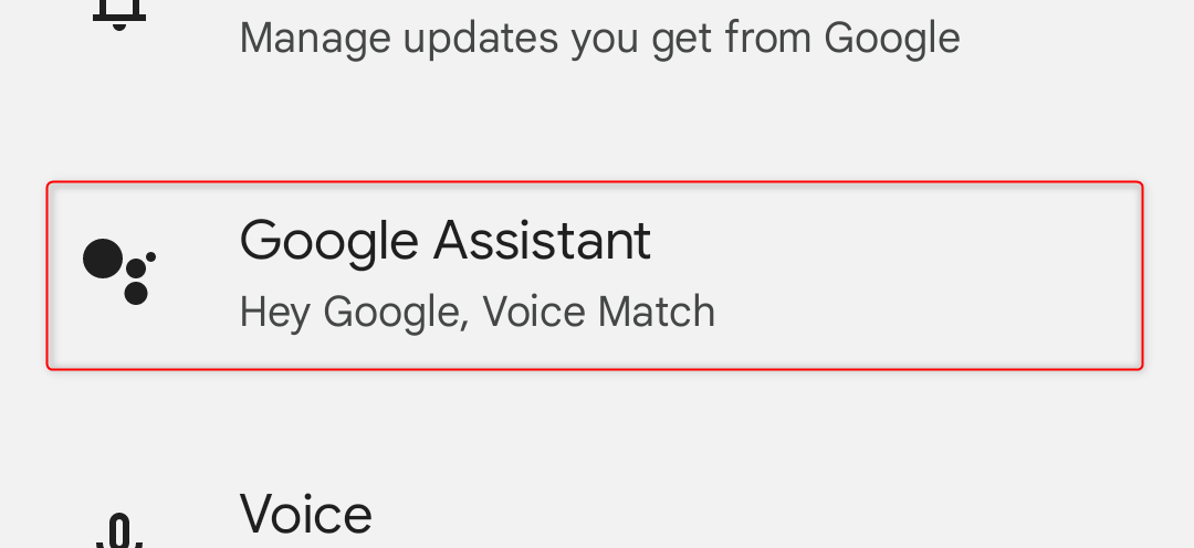 "Google Assistant" highlighted in Google Settings.