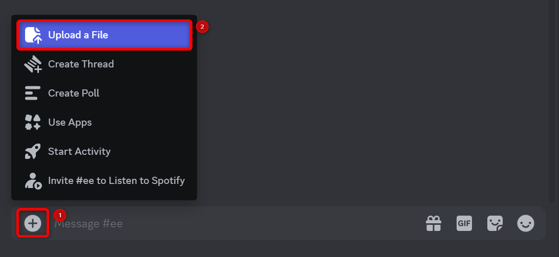 "Upload a file" option highlighted in Discord.