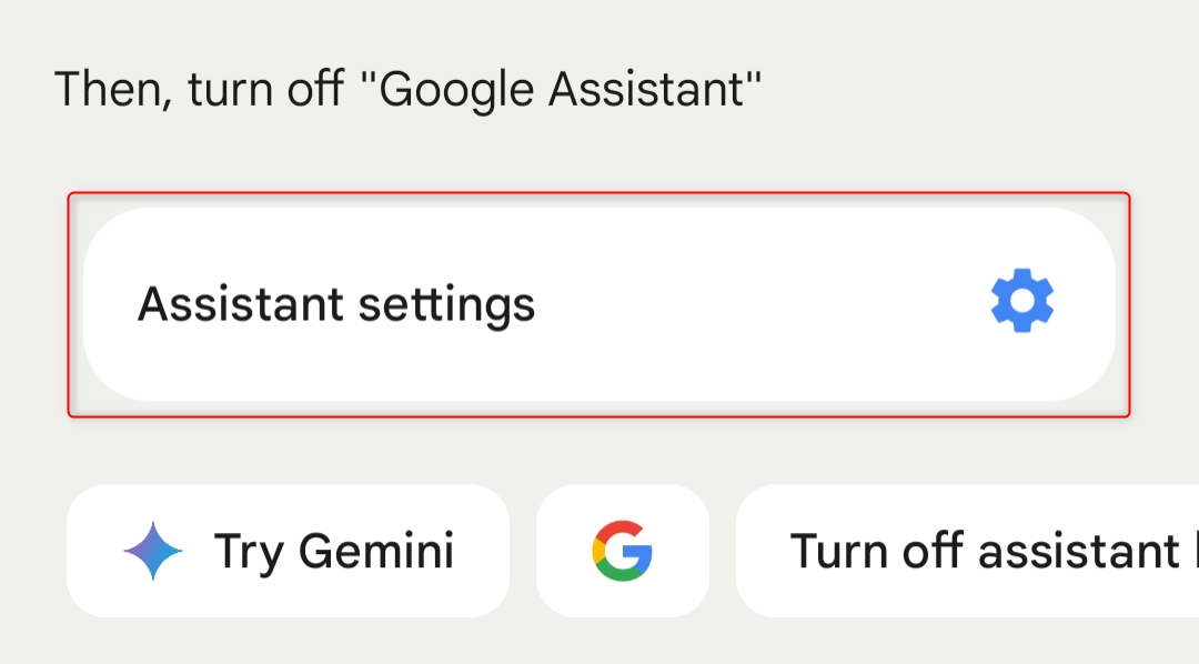 "Assistant settings" option highlighted in Google Assistant overlay.