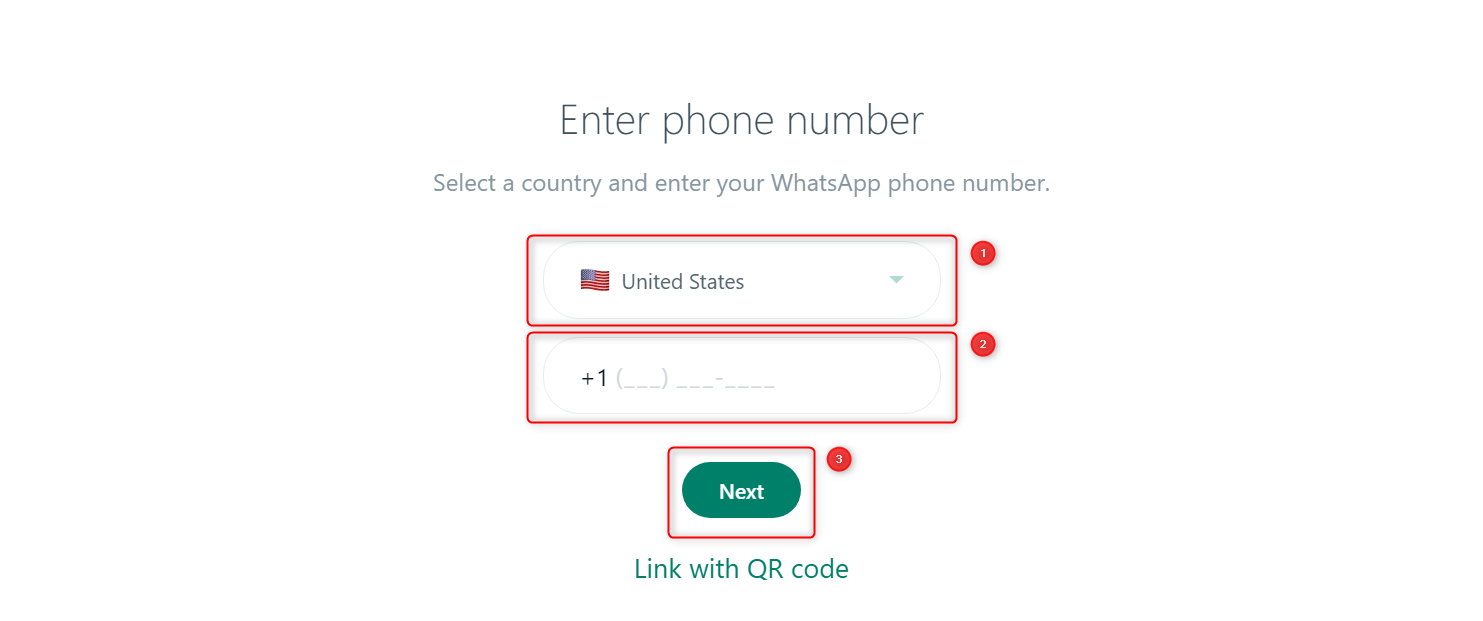 Phone number and country fields on WhatsApp Web.