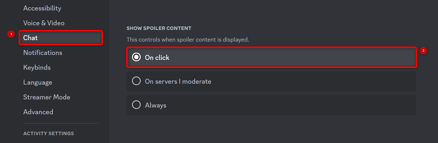 "On click" option for spoiler content viewing preferences on Discord.