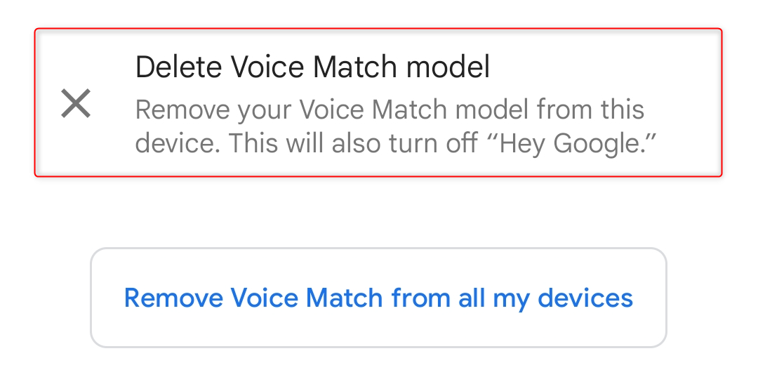 "Delete Voice Match model" option highlighted in Assistant settings.