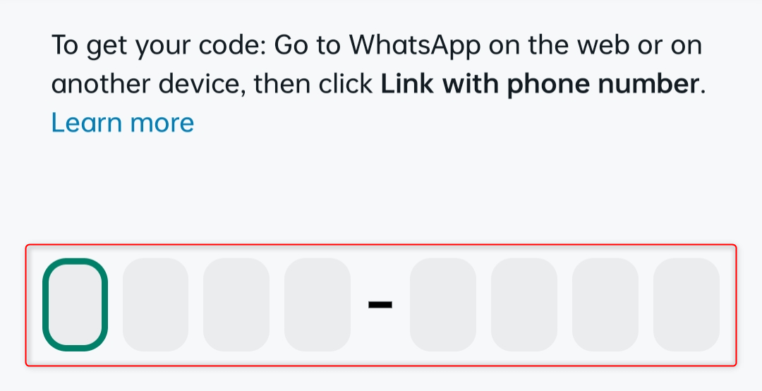Linking code field on WhatsApp mobile app.